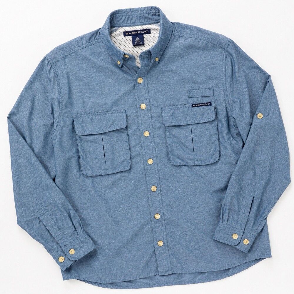 ExOfficio Air Strip Long Sleeve Shirt Men's M Blue Vented Fishing Travel